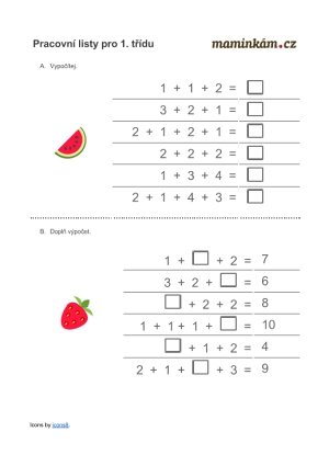 Pracovní listy 1. třída - matematika - počítání do 10 - součet tří čísel