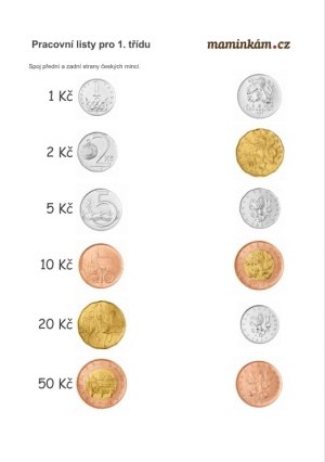 Pracovní listy 1. třída - matematika - počítání do 20 - české mince