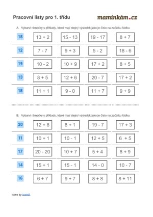 Pracovní listy 1. třída - matematika - počítání do 20 - stejný výsledek
