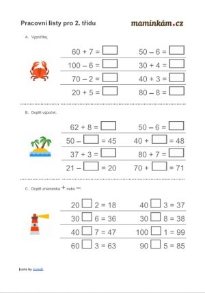 Pracovní listy 2. třída - matematika - sčítání a odčítání do 100 - desítky - příklady