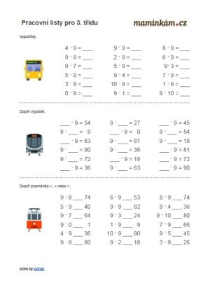 Pracovní listy pro 3. třídu - matematika - násobilka 9 - příklady