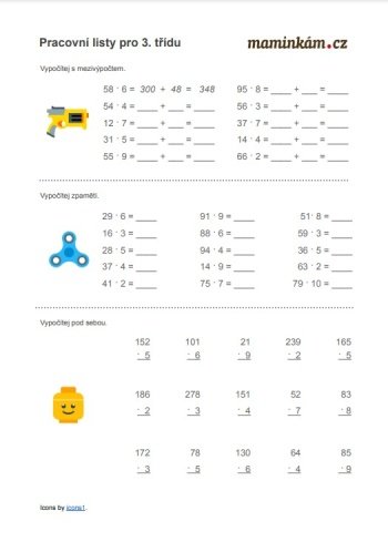 Pracovní listy 3. třída - matematika - malá násobilka - násobení dvojciferných a trojciferných čísel