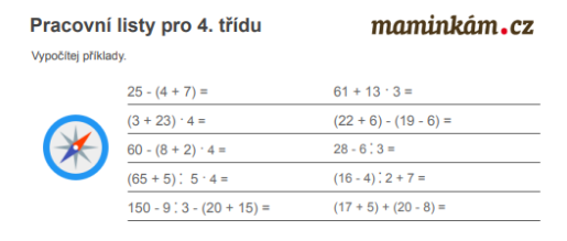 Pracovní listy 4. třída - matematika - počítání se závorkami - úvod