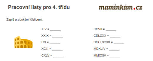 Pracovní listy 4. třída - římské číslice - úvod
